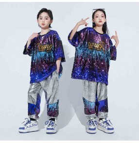 Girls kids silver blue sequins jazz hiphop street dance costumes rapper singers gogo dancer dance outfits cheer leaders performance uniforms for boys girls